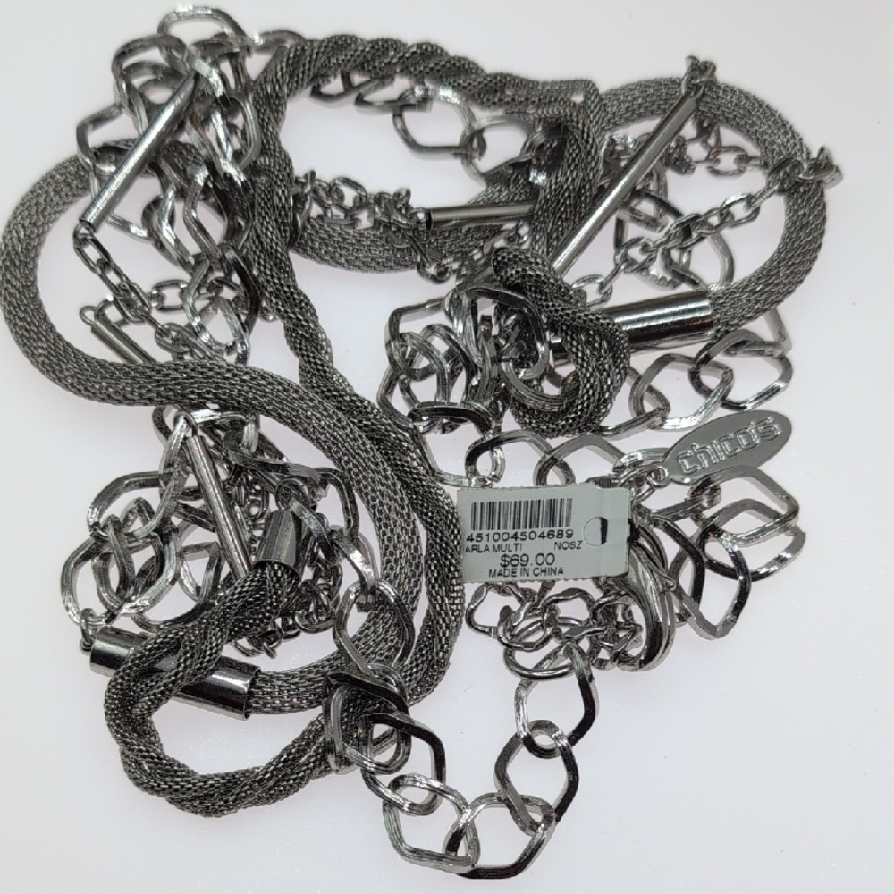 Chico's Multi-Chain Layered Statement Necklace | Silver Tone Mixed Textures - Picture 5 of 8